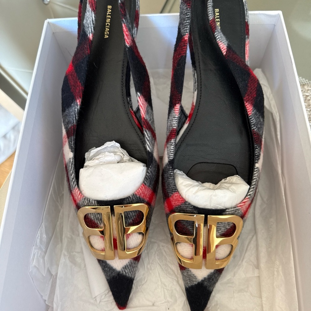 Balenciaga Red and Black Plaid flats with Gold Accent